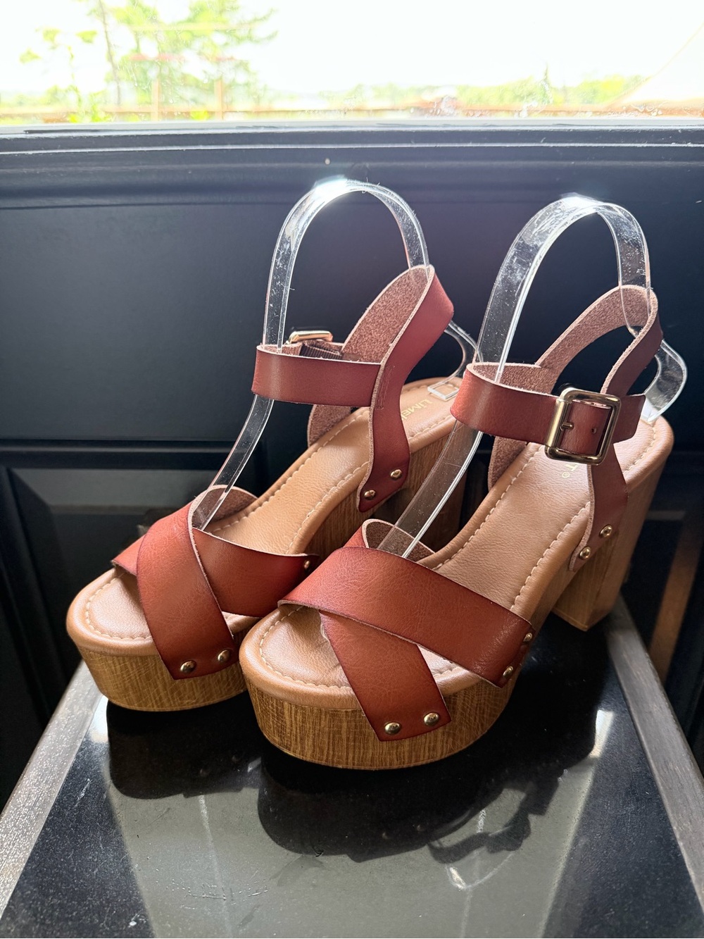 Limelight Brown Leather-Look Platform Sandals with Buckle Ankle Strap